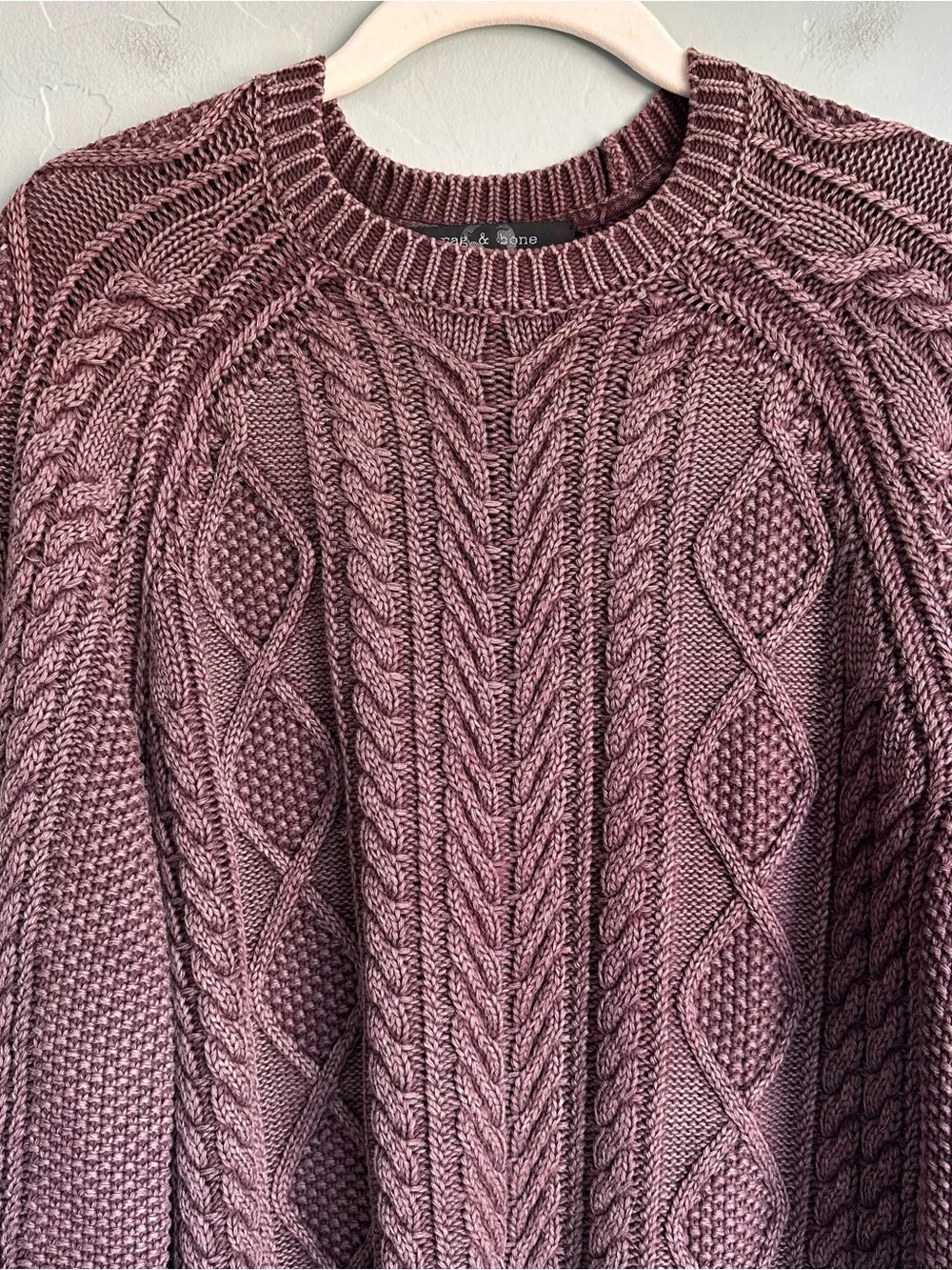 rag & bone Mens Dexter Aran Cable Knit Crewneck Sweater Mauve Medium Luxe Preppy